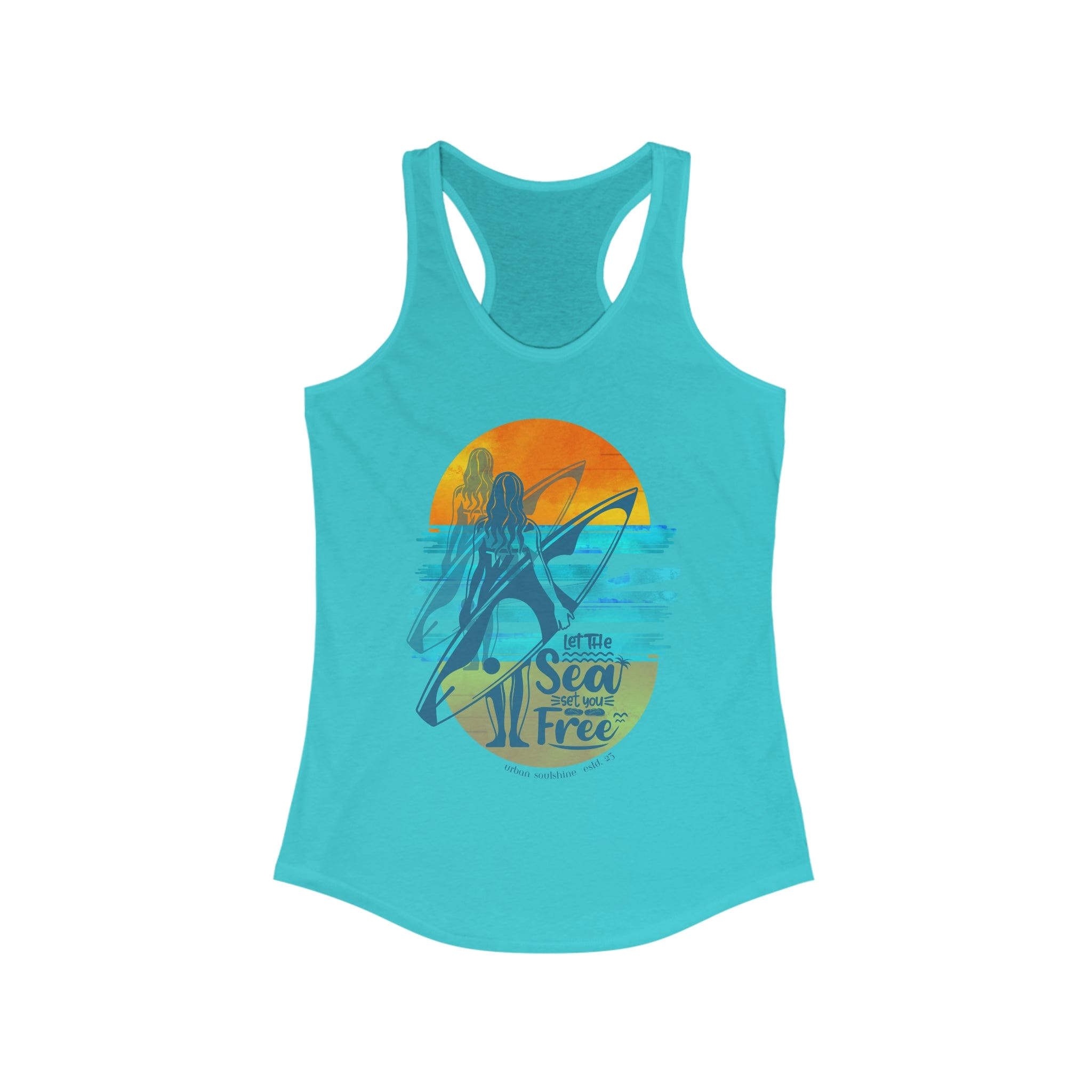  Solid Tahiti Blue Let the Sea Set You Free Surfer Tank